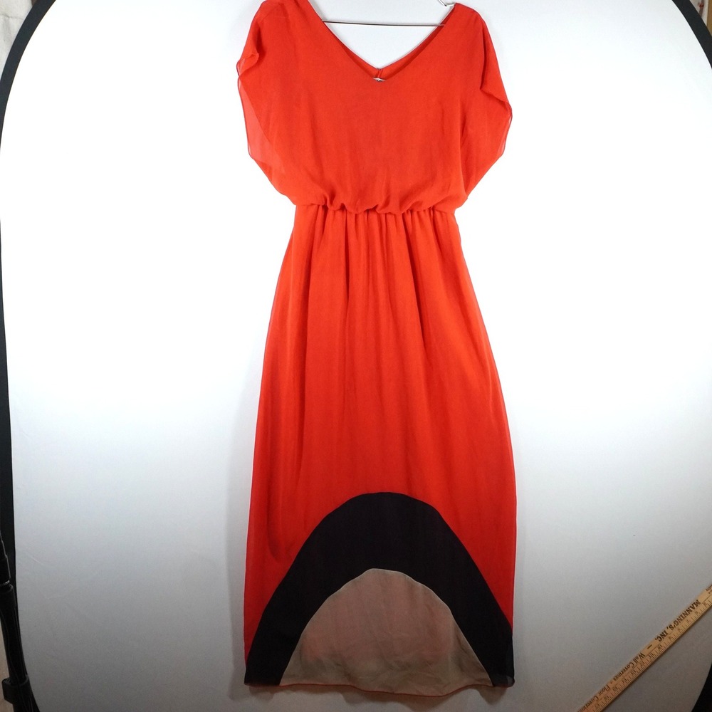 VTG Sweet Storm‎ Maxi Dress L Orange Colorblock V-Neck Flutter Sleeve Mod Flowy